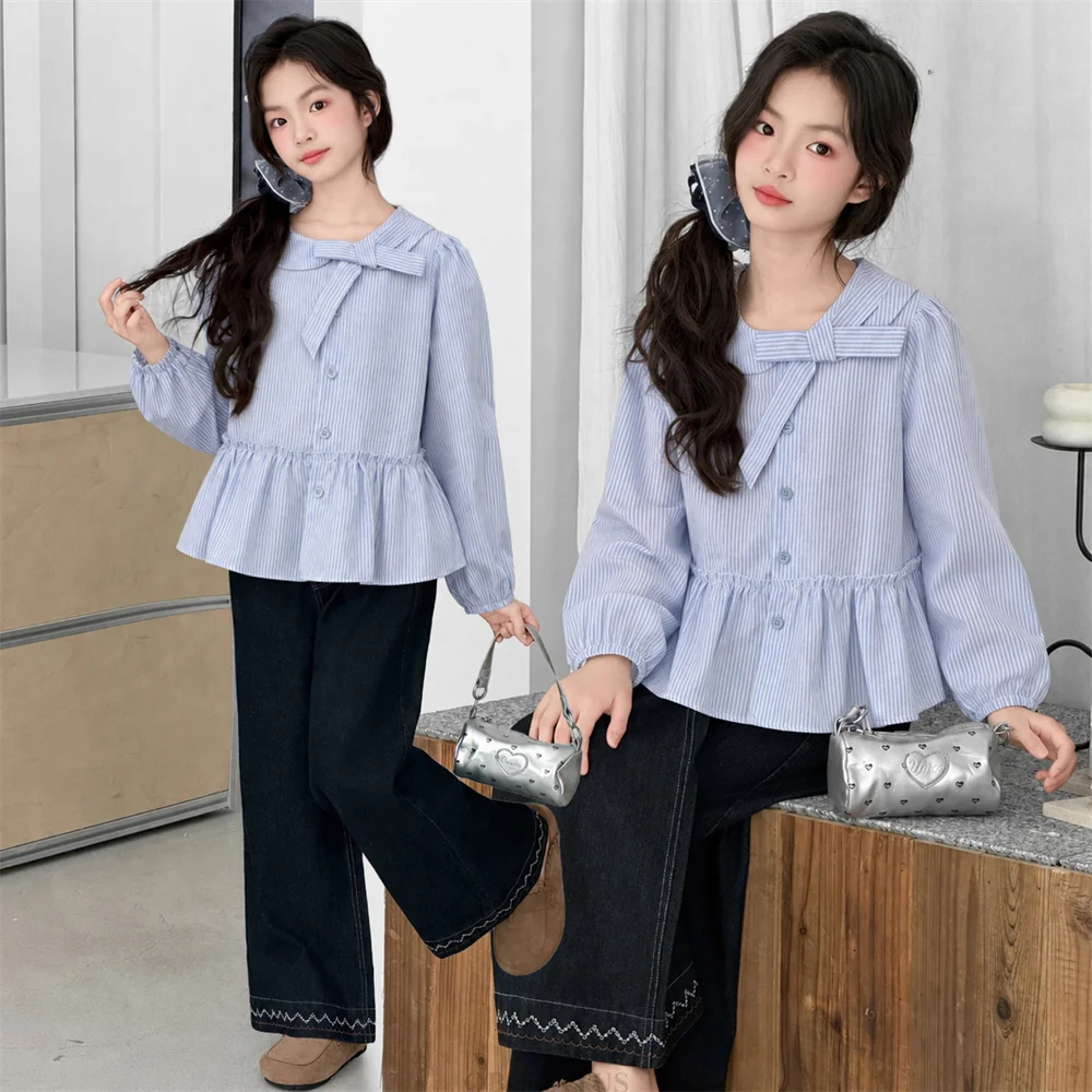 Spring Autumn  Children Vertical Striped Blouse With Bow Collar for Tween Girls Slim Fit Long Sleeve Shirt School Kids Tops