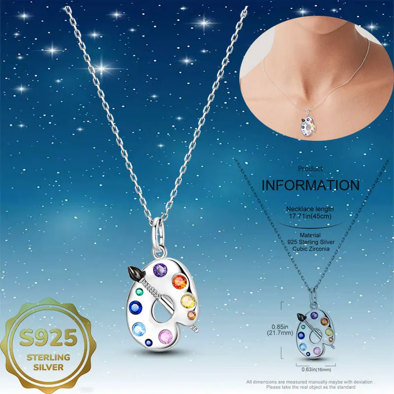 Hypoallergenic Genuine 925 Silver Artist Palette Bead Necklace Earrings Drawing Brush Crystal Jewelry For Art Student Daily Wear