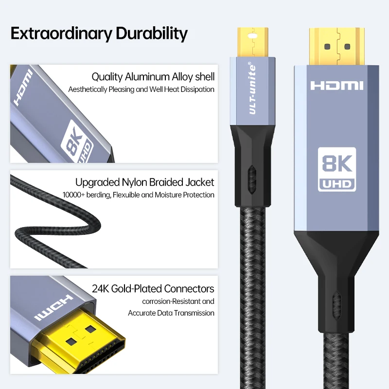 8K60Hz Mini DisplayPort to HDMI Cable 6.6FT Mini DP to HDMI Cord 4K120Hz 2K165Hz for Thunderbolt 2 iMac Surface Pro/Dock Monitor