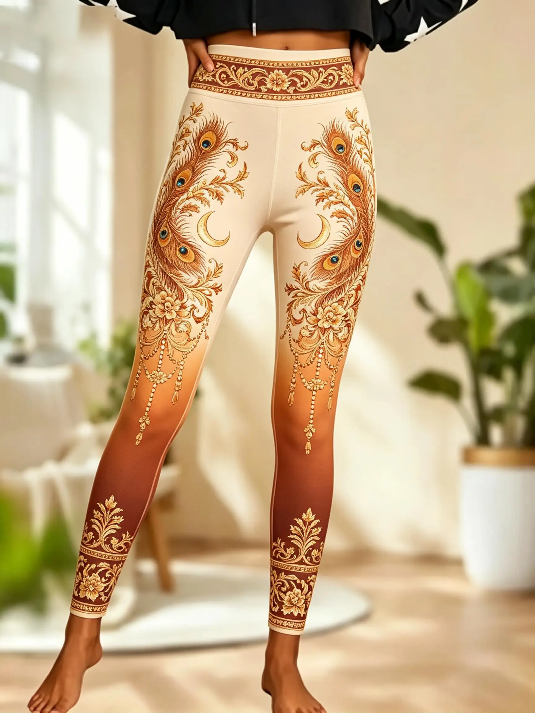 Women Fleece‑lined Mid‑rise Leggings Ombre Gradient Peacock Feather Crescent Moon Floral Ornate Border Print Slim Stretch  Pants - view 2