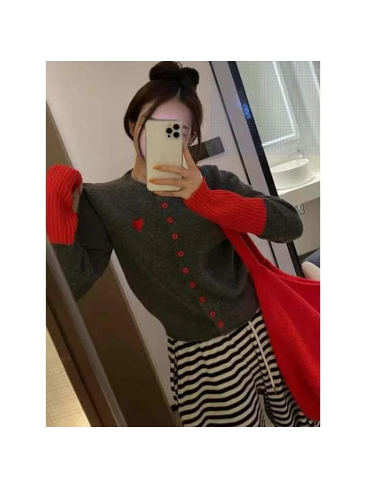 Women's Knitted Long Sleeve round Neck Sweater Color Block Slim Fit Autumn Winter New Style Soft Polyester Open Cardigan Top