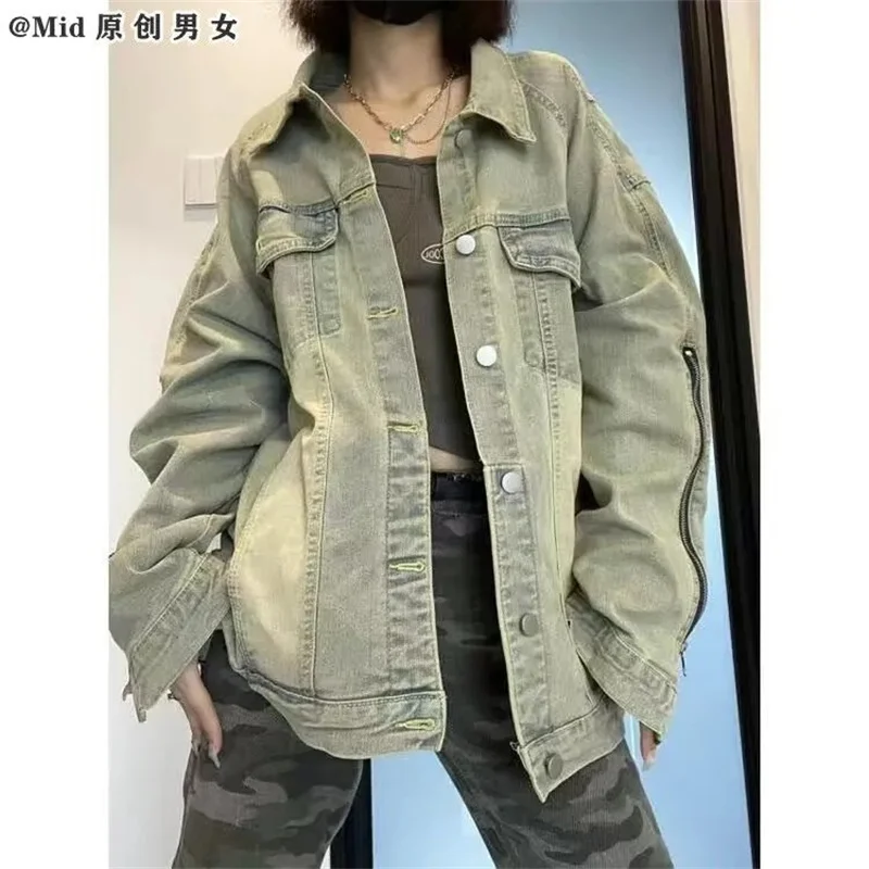 

Denim Coat Vibe American retro wash worn green Jean jacket autumn niche high street loose jacket female fashion Oversize Overcoa