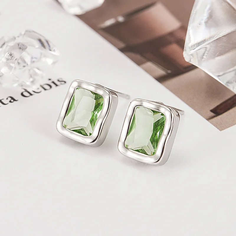 Sterling Silver Color Green Square Zircon Ear-Sticks Women's Earrings Fashion Jewelry