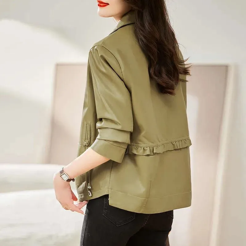 Maillard Women's Leather Short Coat 2025 Spring Autumn New Female Temperament Fashion Ladies Loose Coat Age-reducing Loose Coat