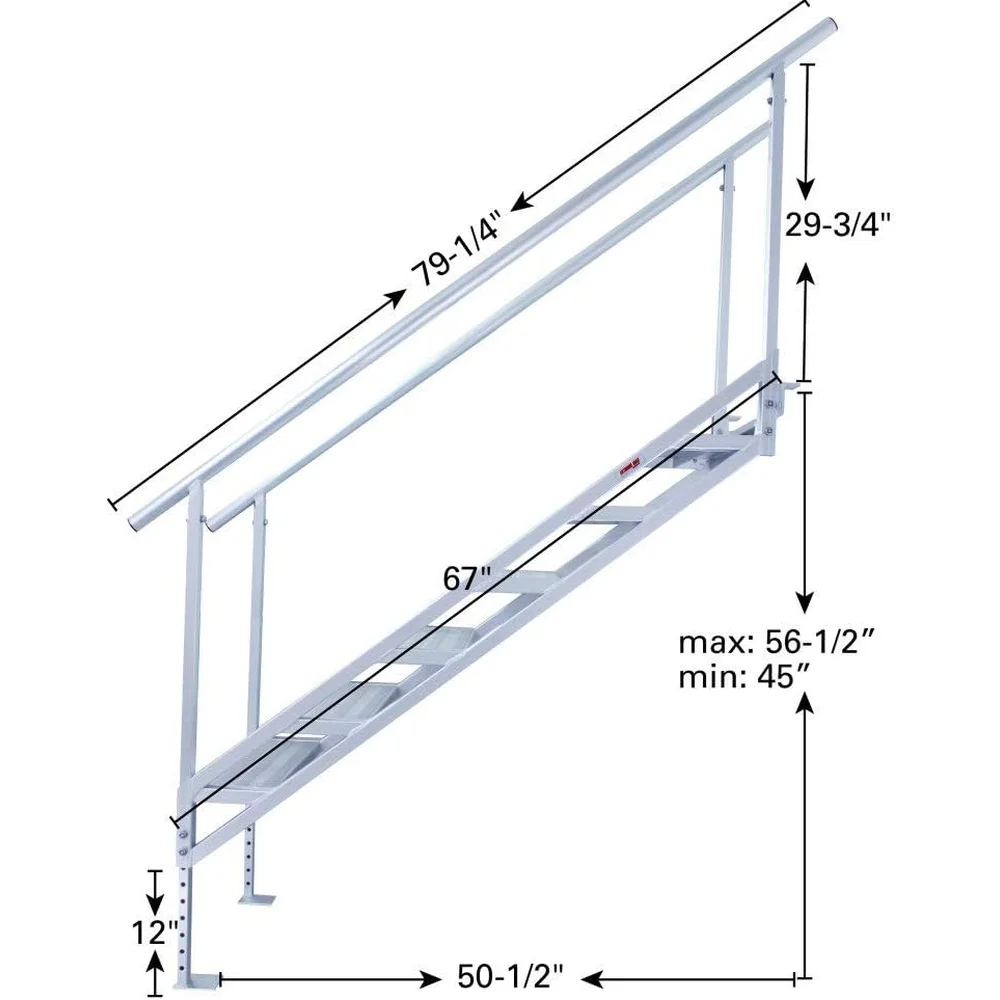 3005.4281 Jumbo Tread Aluminum Dock Stairs with Railing 6 Step Adjustable Legs Durable 500lb Capacity Traction Strips Stable
