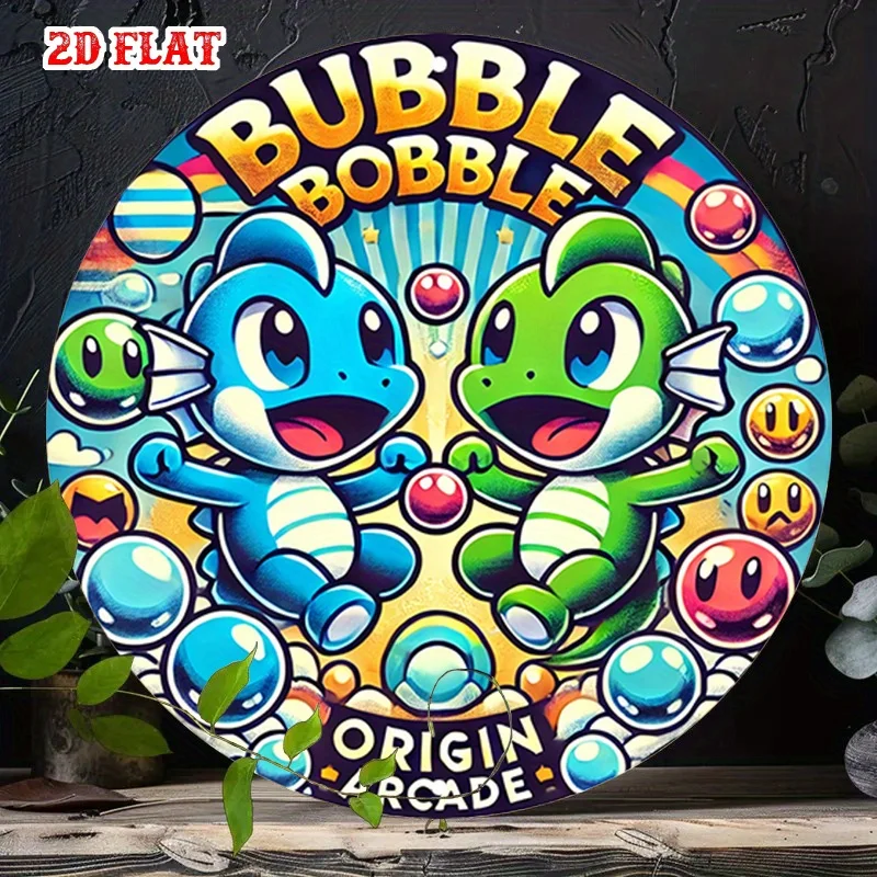 2D Flat 1pc Bubble Bobble Round Aluminum Sign, Retro Fun Metal Tin Sign, Arcade Game 7.87X7.87 Round Aluminum Sign