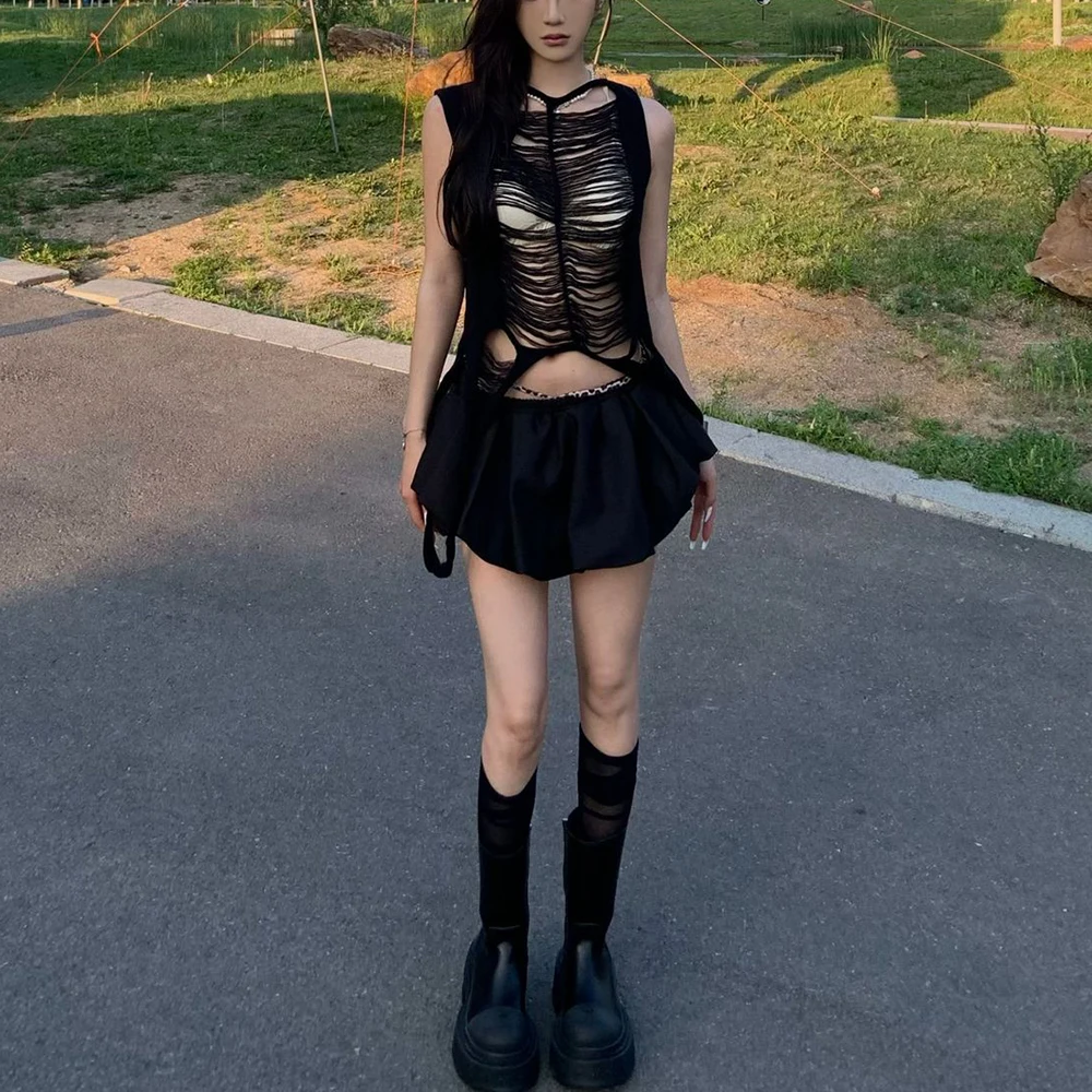 

Cotton Women's Sleeveless Vest Y2K Tassel Hollow Irregular Knit Sweatshirt Sheer round Neck Thin Top for Early Fall