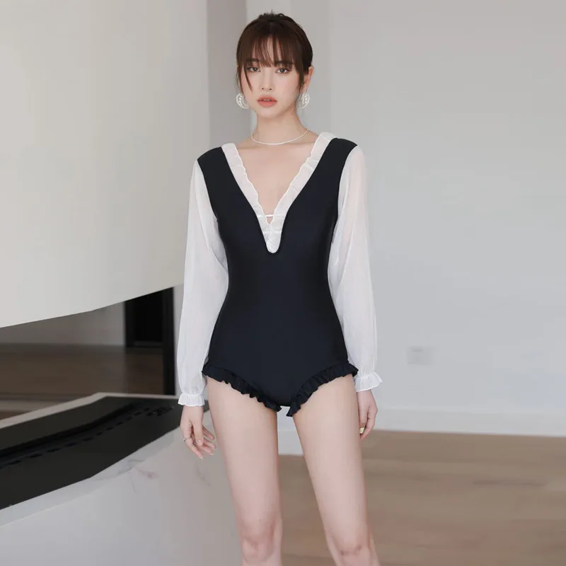 

Bikini Fashion Sexy Swimwear Korean Edition Black and White Deep V Bikini Sexy Large Breast Sun Protection Women's One Piece Lon