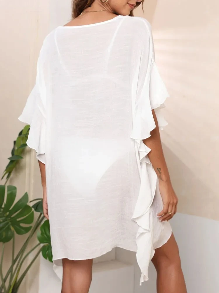 Sexy Women Ruffle Loose Bikini Cove Up Solid Short Sleeve Beach Dress Female O Neck Brazilian Swimsuit Cover-Ups