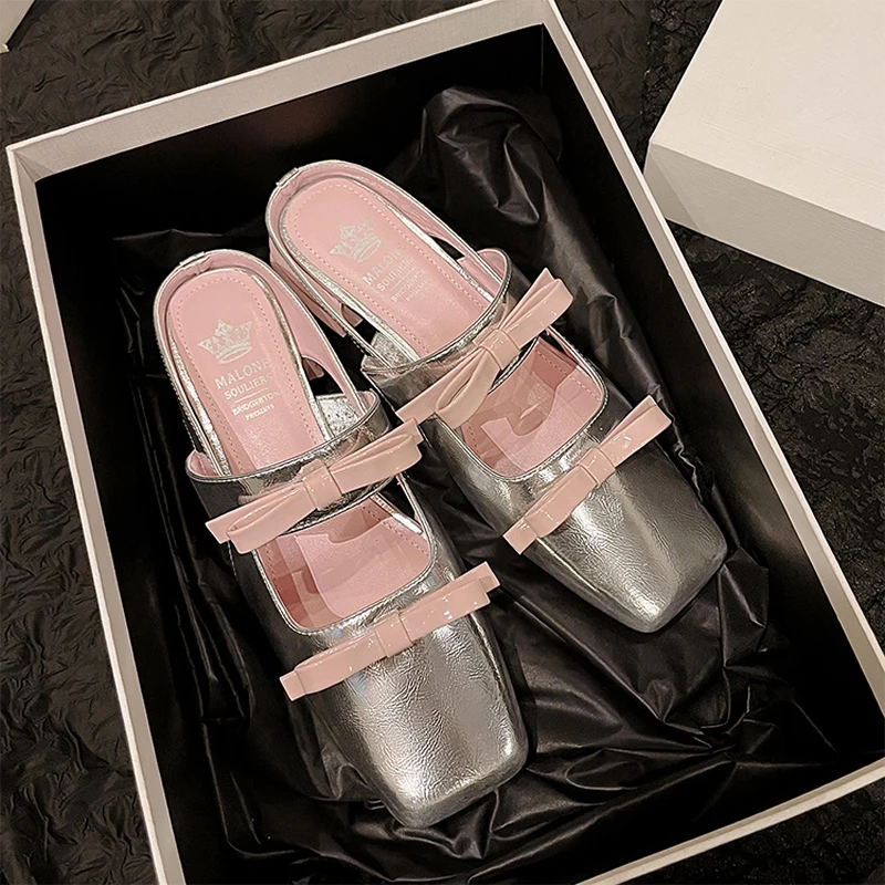 2024 New Genuine Leather Square Head Shallow Mouth Single Shoes Women's Bow Versatile Comfortable Low Heel Thick Heel Small Shoe