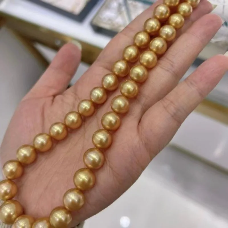 

11-13mm Natural Gold Bead Necklace, Round, Slightly Flawed, Strong Light Pearl Necklace, Wholesale of Finished Products