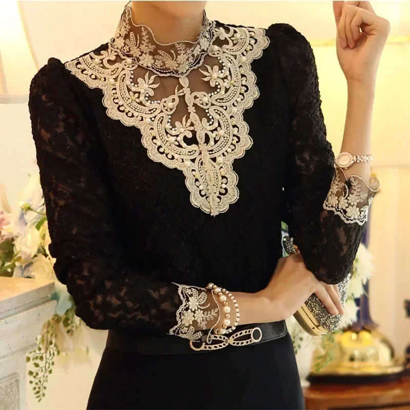 Elegant Long Sleeve Bodysuit Beaded Women Lace Blouse Shirts Crochet Tops Blusas Mesh Chiffon Blouse Female Clothing