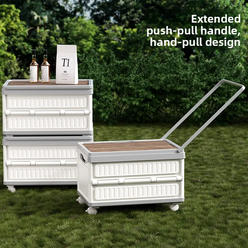 

Outdoor Camping Trolley Storage Box - Car Trunk Wheeled Organizer with Universal Casters, Foldable Picnic Box with Wooden Lid
