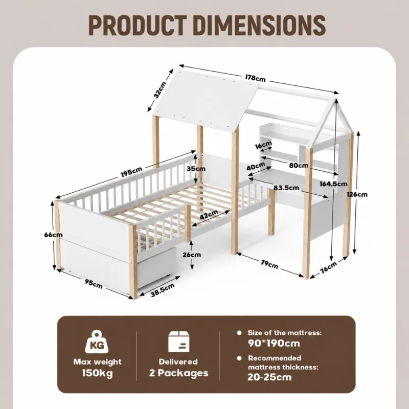 90 x 190 cm Kids House Bed with Safety Guard Rail, Solid Wood Bed Frame with Slatted Base, L-Shaped Desk, Bookcase & Rolling Sto