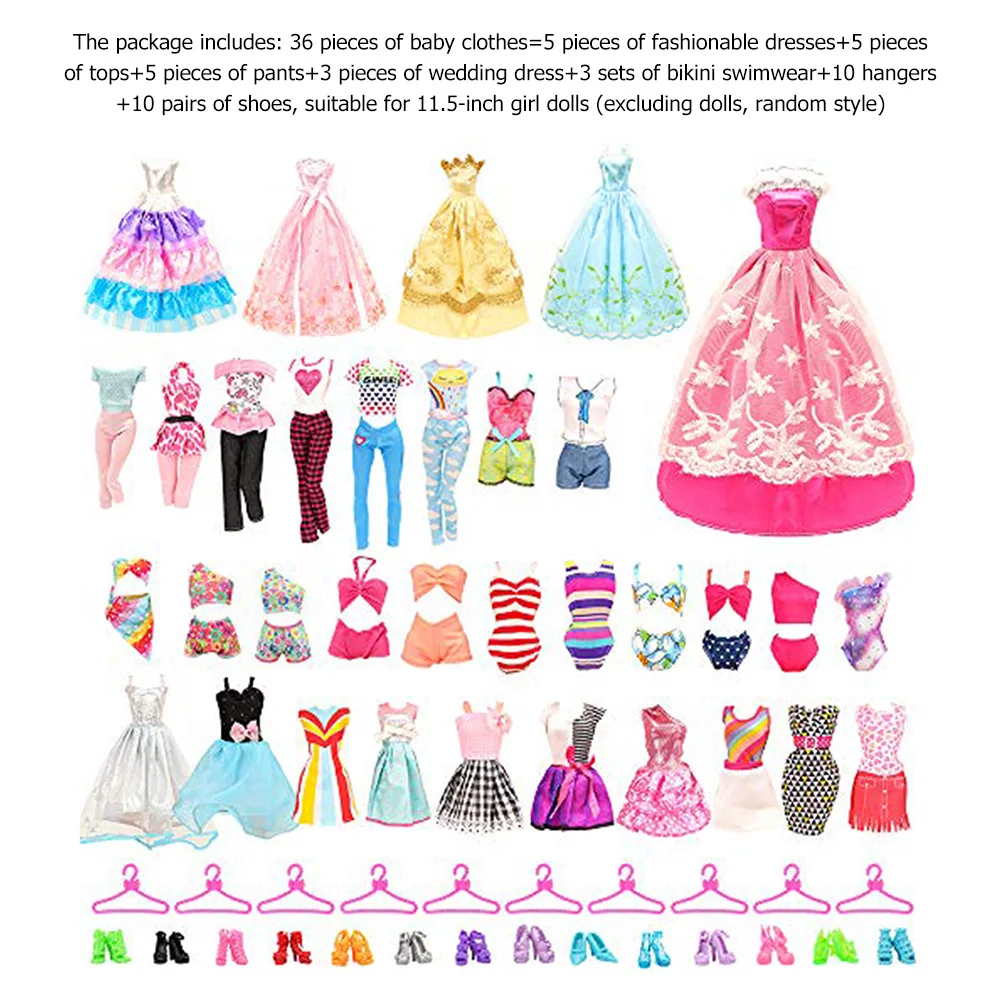 36pcs Doll Dressup Dress Polyester Doll Decorative Skirt Props Fairy Collection Clothes Random Style for Changing Clothes Game