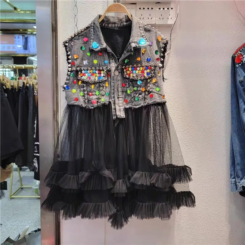 

Women Denim Coats Turn Down Collar Jackets Y2k Streetwear Work Casual Jacket Mesh Splice Sleeveless Beaded Vintage 2026 summer