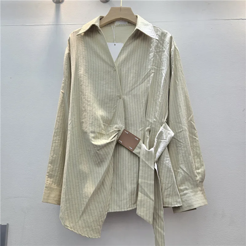 Irregular Strap Waist V-neck Striped Shirt Women's 2026 Autumn Dress Chic Thin Shirt Medium And Long Top Tide