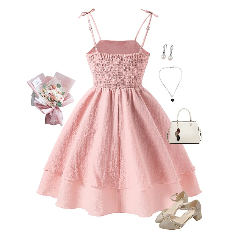 Summer Girls Dress Solid Color Sling Tiered Sleeveless Princess Dress For 8 9 10 11 12 Years Teen Girls Party Dress Costume