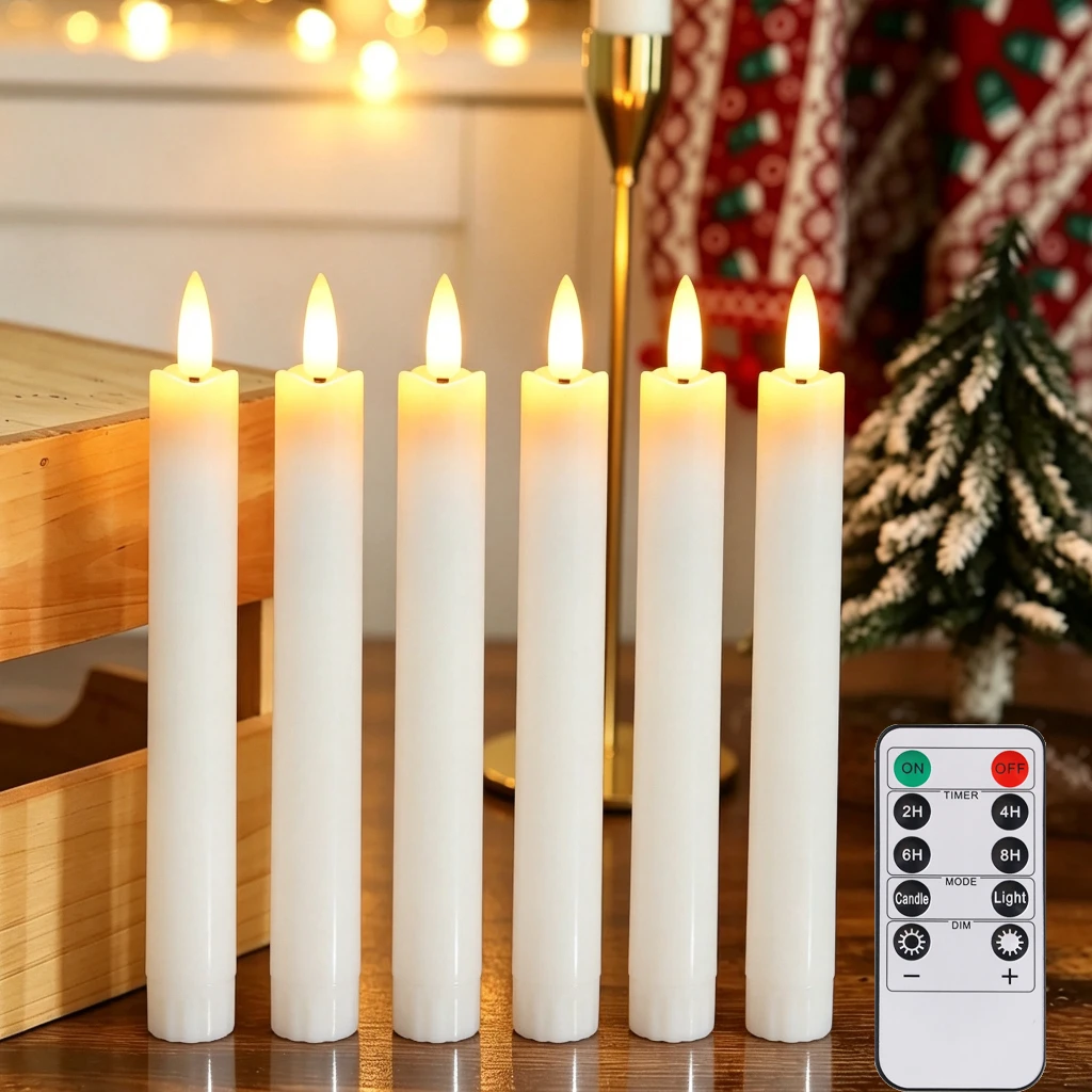 Pack of 6 LED Flameless Flickering Taper Candles with 10-Key Remote Timer 3D Wick Window Candles for Christmas Wedding Home Party Christmas Decor