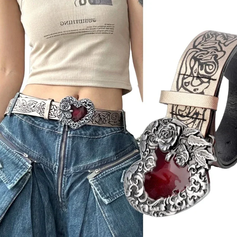 intage distressed high-quality heavy-duty heart buckle flower women's belt, fashionable dark Y2K goth girl waistband