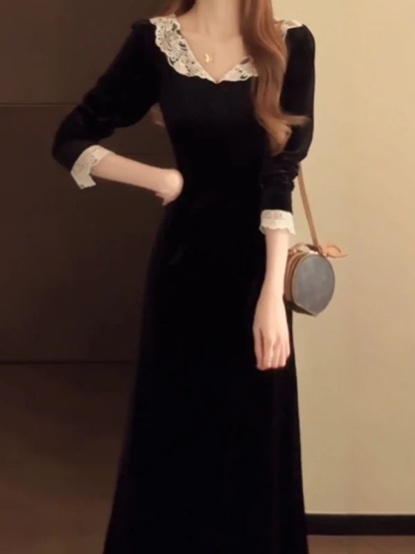 

Elegant Velvet Dress Slimming Flattering High Waist Lace Insert Long Sleeve V Neck City Walk Business Casual Party Wear