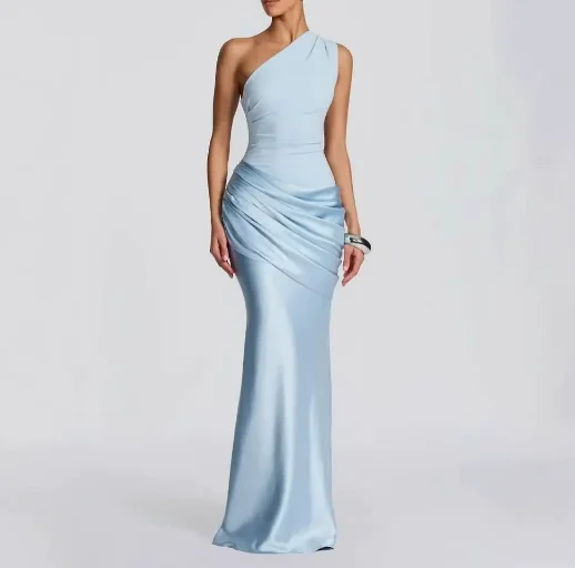

Women's Dress 2026 Spring Summer New Solid Color Slanted Collar Sleeveless Folded Hip Wrapping Elegant Temperament Long Dress
