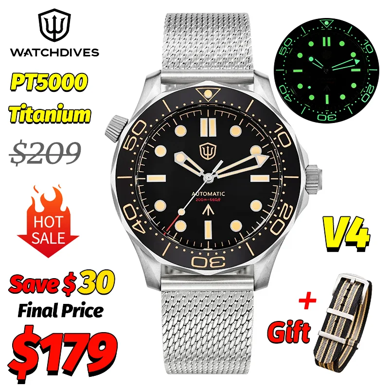 

Watchdives WD007 V4 42Mm 007 NTTD Titanium Watch PT5000 Automatic Mechanical Watch Sapphire Luminous 200 Waterproof Luxury Watch