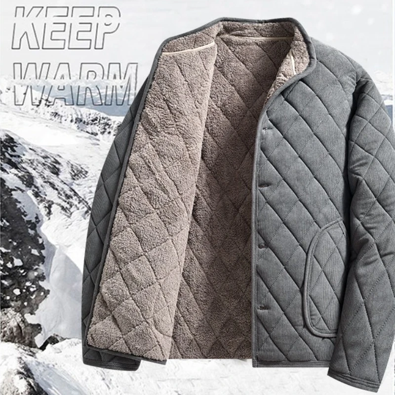 Fleece Lined Bomber Jacket Men Autumn Winter Diamond Pattern Jacket Men's Business Casual Clothing Brand New Slim Fit Parka Coat