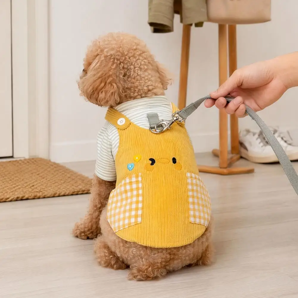 Striped Pet T-Shirt Cute Duck Embroidery Corduroy Romper Pants with Plaid Pockets False Two-Piece Clothes for Small Dogs
