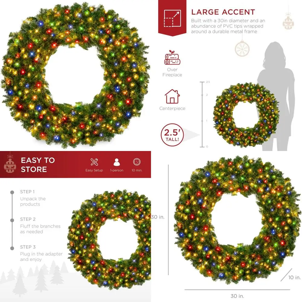 

30 Inch Large Pre-Lit Artificial Fir Christmas Wreath with 100 Multicolor Lights, 220 for Holiday Season Decor