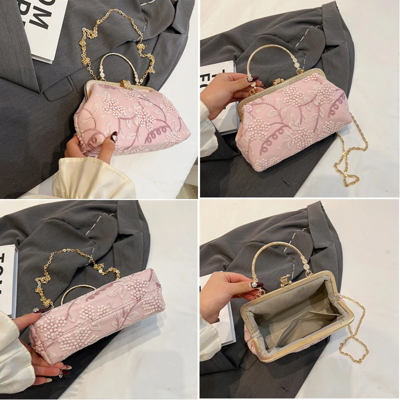 Vintage Chinese Style Evening Bags Handmade Embroidery Flower With Handle Handbags For Women Fashion Chain Shoulder Bags Clutch