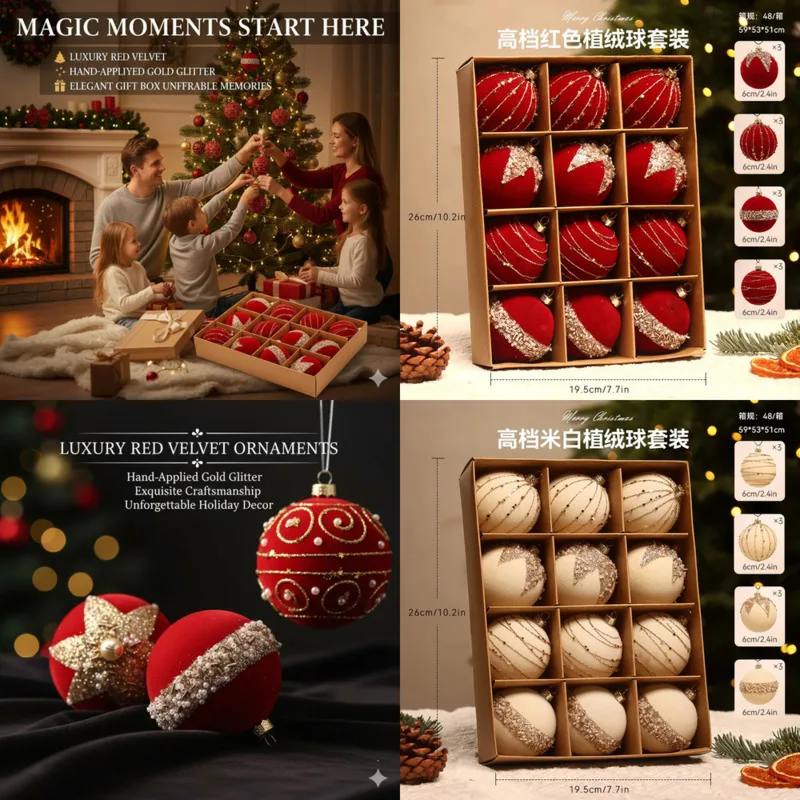 

Painted Ball DIY Christmas Ball 6cm Wine Red Green Plush Box Set Pendant Christmas Tree Pendant Hanging Ball Decorations Gift