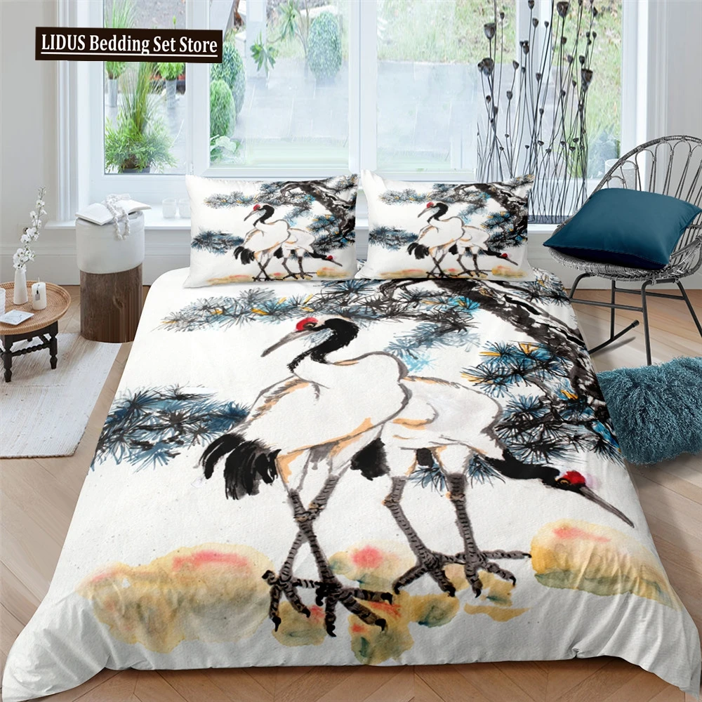 

Landscape Painting Duvet Cover Set 3D White Crane Bamboo Art Pattern Comforter Cover King For Kid Boy Girl Polyester Bedding Set