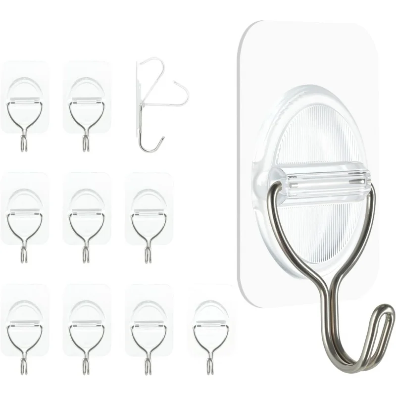 

Клейкие настенные крючки без повреждений, наклейки на крючки для подвешивания, упаковка из 10 штук — прозрачная нержавеющая сталь, 5 кг, сверхпрочная, водонепроницаемая