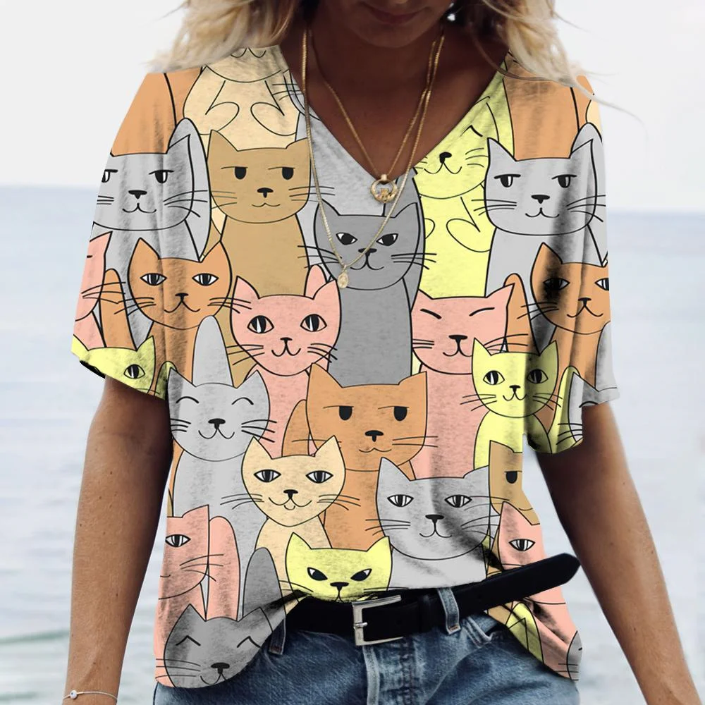 Fashion V-neck Women's T-Shirts Cartoon Cat 3D Printing Short Sleeve Tops Summer Loose Ladies Clothing Street Hip Hop Girl Tees view 3