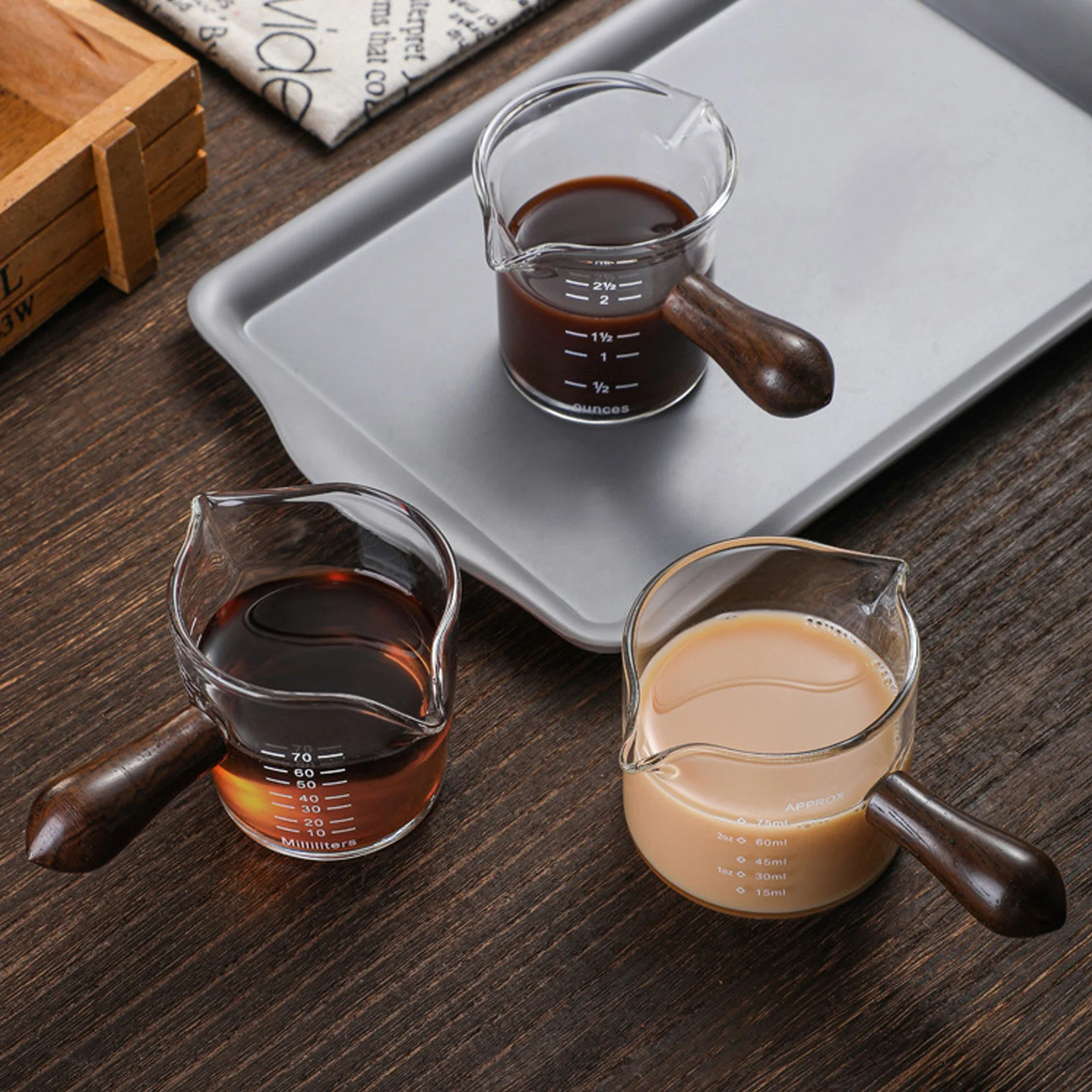 NEW Espresso Coffee Cup Ounce Cup With Scale And Wooden Handle High Borosilicate Glass Measuring Cup