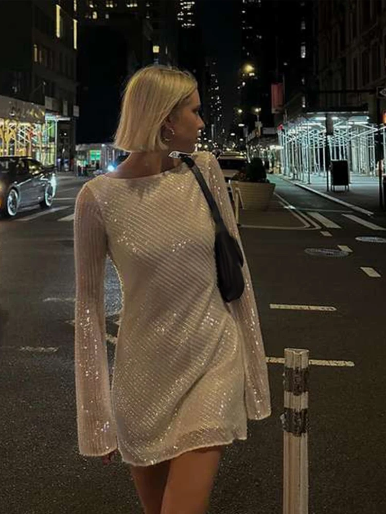 Elegant Backless Sequins Mini Dress For Women Sexy Long Flare Sleeve Sparkly Women Party Dresses Y2K Evening Party Chic Vestidos