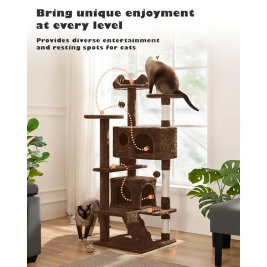 Cat Tree Tower, 2 Caves, Kitten-Ear Perch and Scratching Posts Multi-level layout, climbing ladder, 2 plush balls, high pet app