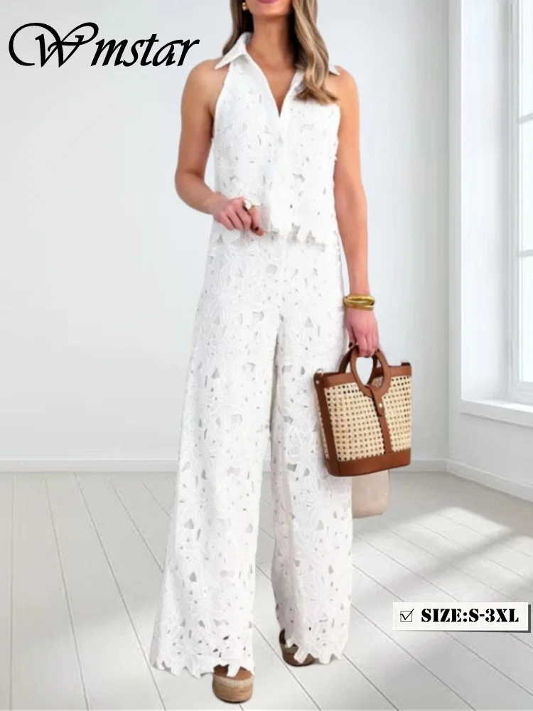 

Wmstar комплекты из двух предметов для женщин, оптовая продажа, летний вышитый перфорированный жилет с v-образным вырезом, топ, широкие прямые брюки, комплект, костюм для рубки