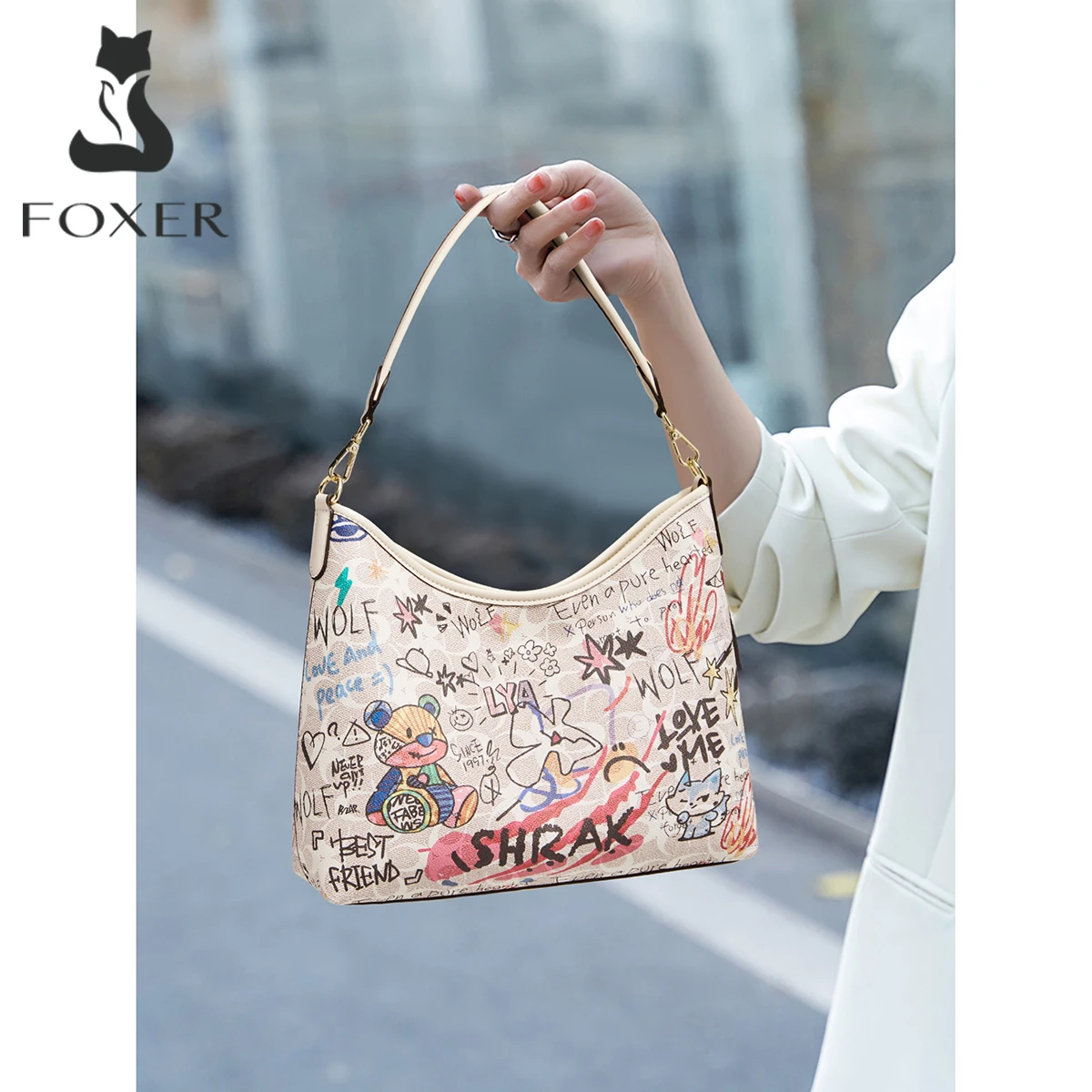 

FOXER Brand Chic Women's Shoulder Bag PVC Leather 2026 Fashion Cartoon Lady Large Capacity Tote Bag Bucket Purse