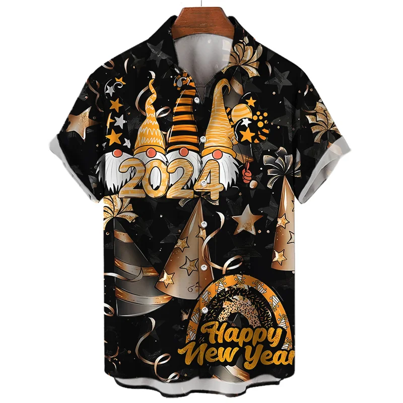 Feliz ano novo fogos de artifício estampados 3D camisa havaiana, férias de verão, manga curta com lapela, tops casuais confortáveis, roupas elegantes