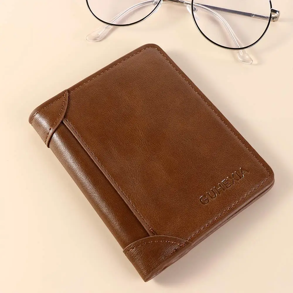 Leather 2 Fold Wallets Solid Color Soft Anti-theft Cash Bag Credit Card Case ID Badge Holder Men's Short Wallet Daily Use