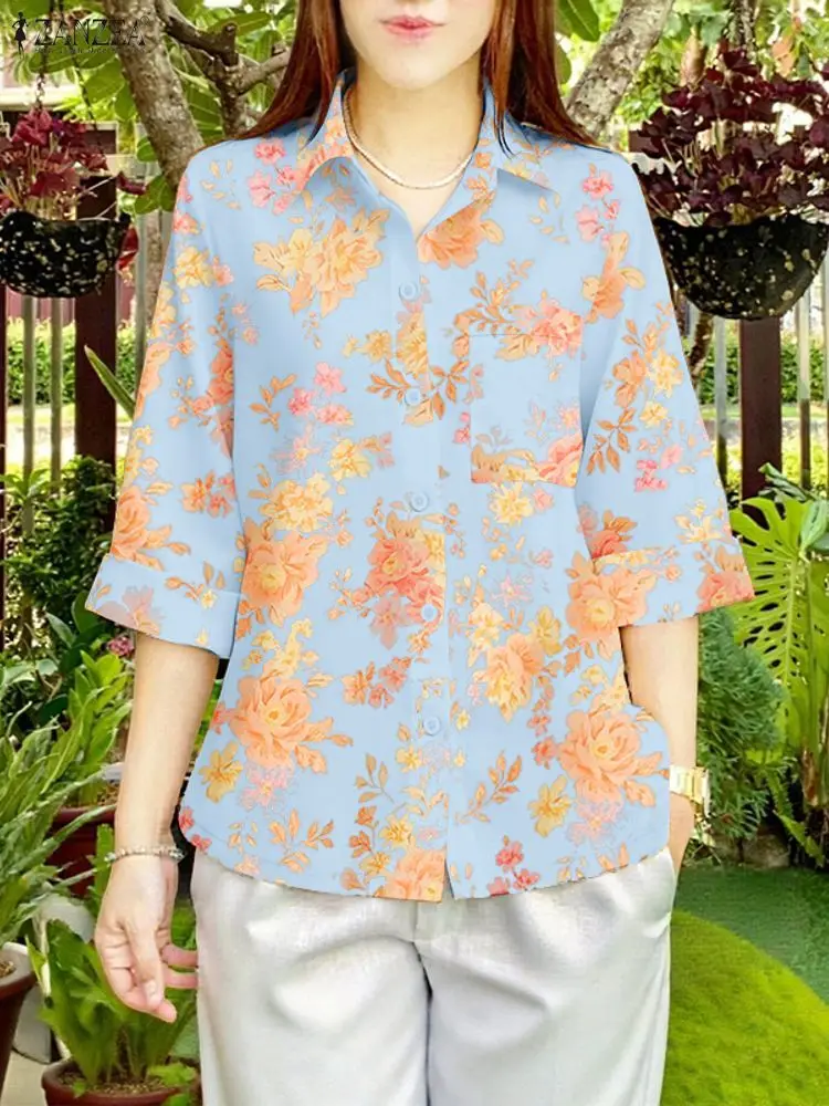 ZANZEA Bohemian Bloemenprint Shirts Vrouwen 3/4 Mouw Casual Losse Blouse 2025 Mode Herfst Vintage Tuniek Tops Oversized Blusas