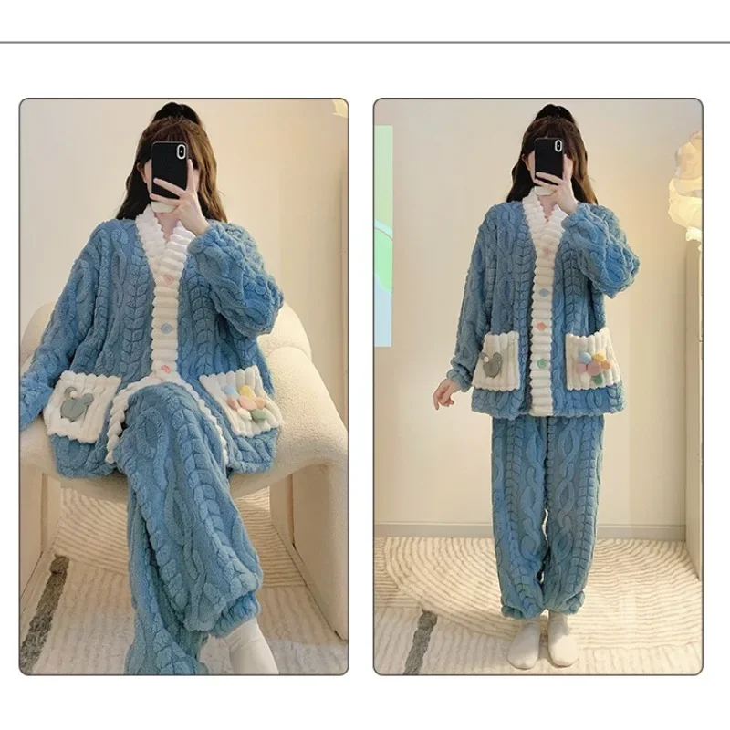 5XL Plus Size Winter Warm Sleepwear Women Korean Sweet Pajamas Set Nightwear Flannel Cardigan Night Wear Home Clothes Outfits