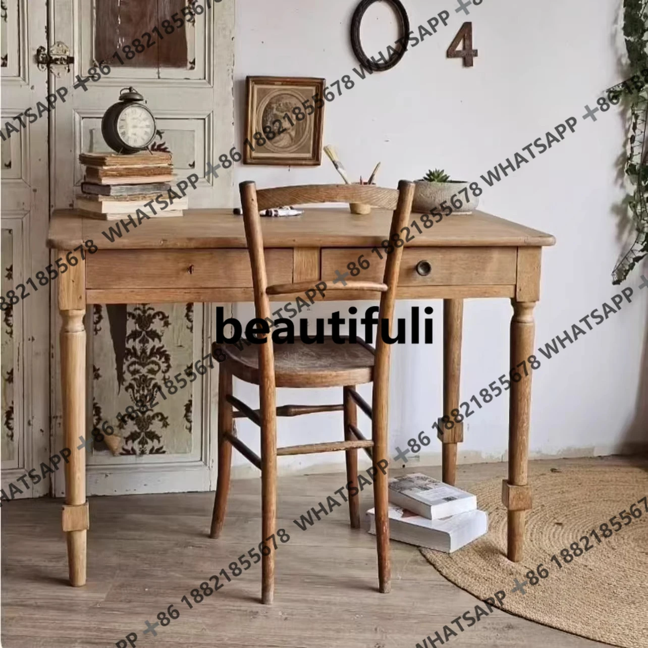 

American retro solid wood desk and chair combination French medieval log color desk home study computer desk