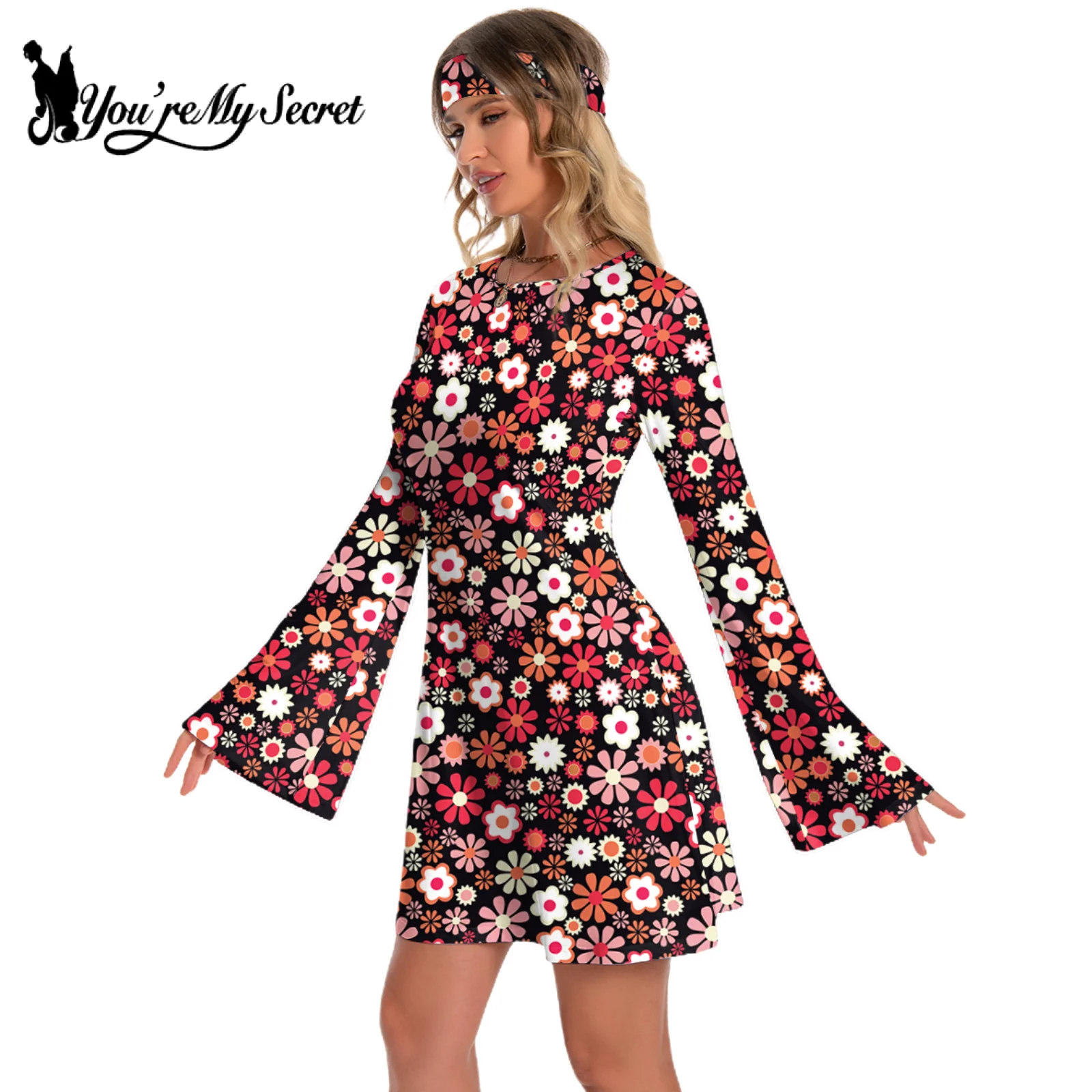 [You\'re My Secret] 60s 70s Women\'s Bohemian Style Disco Floral Printed Outfit Dresses Holiday Hippie Costume Clothes Vestidos