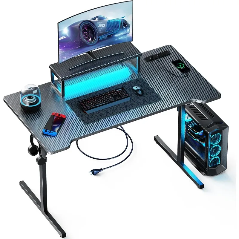 Small Gaming Desk with LED Lights & Power Outlets, 47 Inch Computer Desk with Monitor Stand, PC Gaming Table with Carbon Fiber