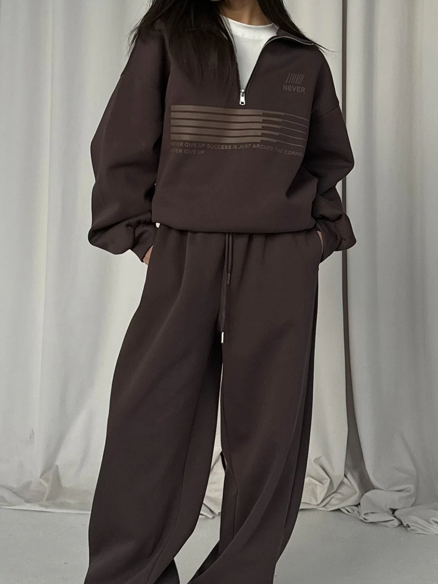 Brief Print Trekkoord Joggingbroek 2-delige set Dames Lange mouw Losse Rits Sweatshirt Herfst Vintage Casual Sportbroek Sets