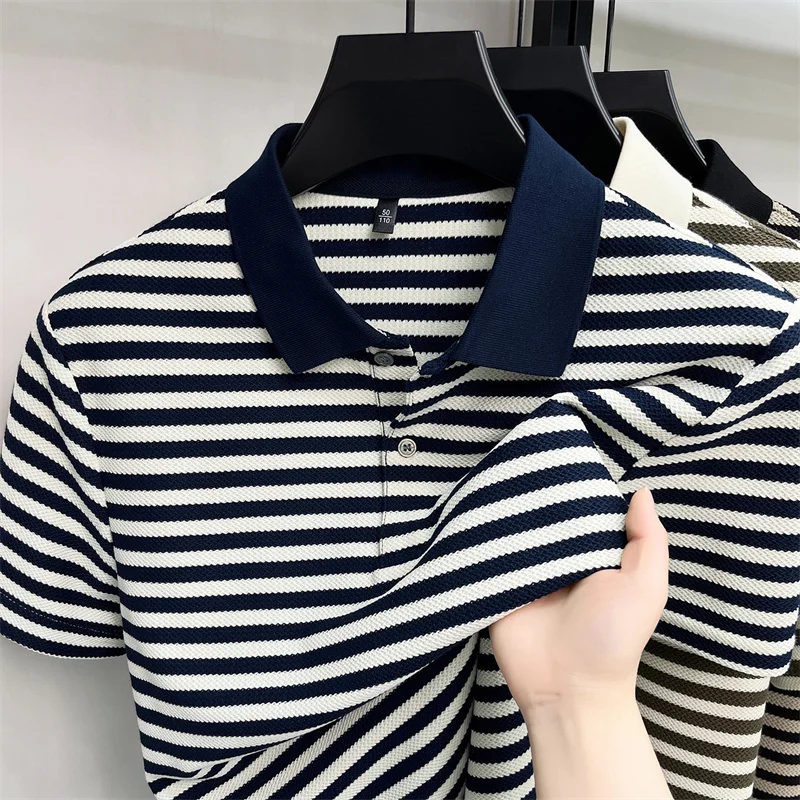 Unique fashion striped short sleeve polo shirt high-end summer comfort breathable T-shirt luxury casual color blocked men's wear