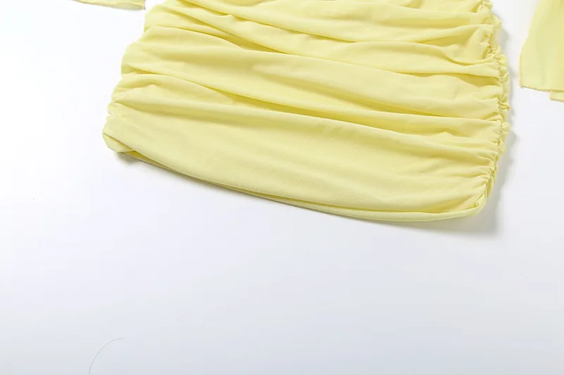 Mini robe froncée à volants jaunes pour femmes, élégante et Sexy, col Slash, épaules dénudées, manches longues évasées, tenue de soirée, Clubwear